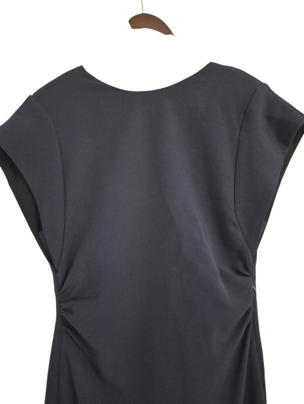 Zara Navy Ruched Waist Midi Sheath Dress Cap Sleeve Office Size Small - Picture 5 of 8